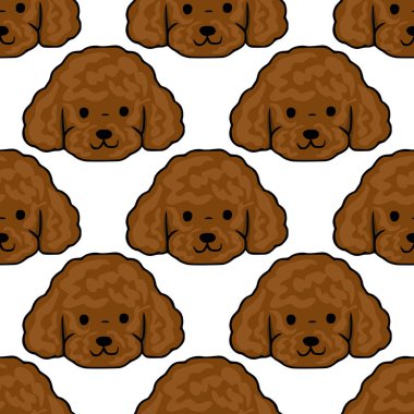 Çekici, pürüzsüz bir vektör motifi. Beyaz bir arkaplan karşısında kıvırcık kürklü ve dostane ifadeleri olan sevimli kahverengi kaniş yüzlerinin tekrarladığı bir motif..