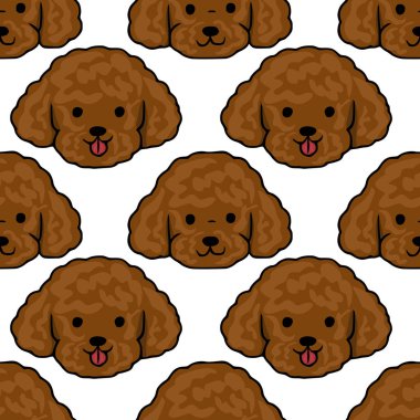 Kıvırcık kürklü sevimli kahverengi kaniş yüzleri, tekrarlayan bir vektör deseni ile bembeyaz arka planda, neşeli ve dost canlısı bir cazibe yayıyor..