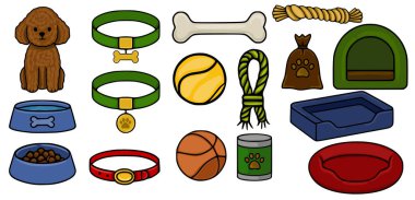 Kâseler, tasmalar, oyuncaklar ve yataklar gibi çeşitli hayvan aksesuarlarıyla çevrili kahverengi bir kanişin büyüleyici vektör çizimi.