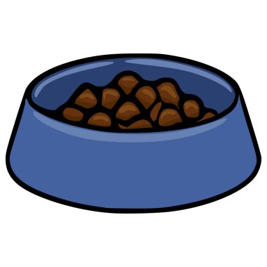 Basit bir çizgi film stili vektör çizimi. Mavi evcil hayvan kasesi kahverengi köpek mamasıyla dolup taşıyor. Temiz beyaz arka plana karşı koyu siyah çizgiler çizilmiş..