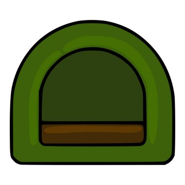 Kahverengi tabanı olan basit yeşil bir çadır. Kalın hatları olan temiz bir vektör çizimi..