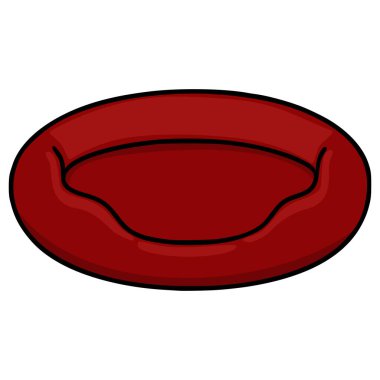 Koyu çizgili ve ince gölgeli, temiz beyaz arka planda sunulan kırmızı bir köpek yatağının basit, stilize edilmiş bir vektör çizimi.