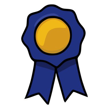 Altın merkezli mavi kurdele ödülünün basit bir vektör çizimi ve beyaz arka planda izole edilmiş iki sallanan kurdele..