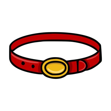 Parlak kırmızı bir evcil hayvan tasmasının stilize edilmiş bir temsili. Parlak altın oval tokalı ve siyah çizgili. Basit ama zarif bir tasarım sergiliyor..