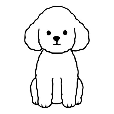 Sevimli beyaz kaniş köpeği, temiz beyaz arka planda basit siyah çizgileri olan sevimli çizgi film vektör çizimi..