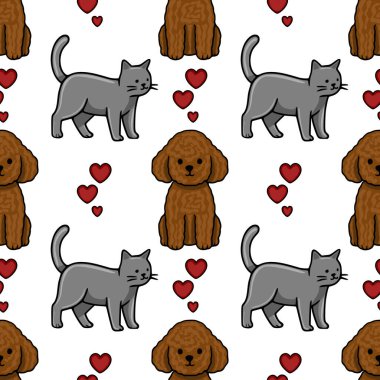 Gri kediler ve temiz beyaz arka planda dağınık kırmızı kalplerle çevrili tüylü kahverengi kanişler içeren büyüleyici, kusursuz bir vektör deseni..