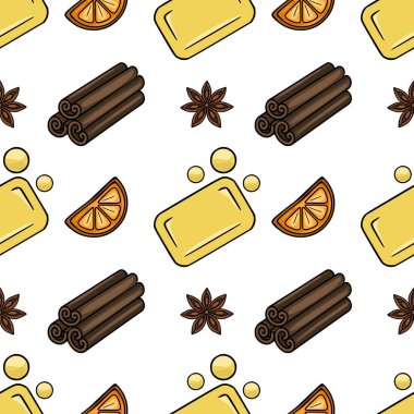 Şekillendirilmiş tarçın çubukları, yıldız anasonu ve sarı sabun ve baloncuklu portakal dilimleri içeren kusursuz vektör deseni..