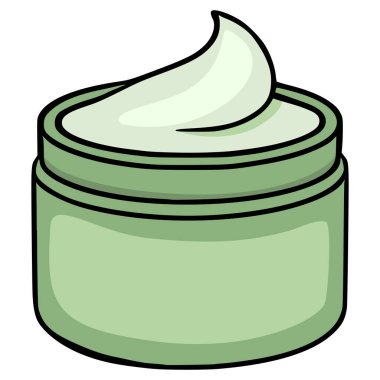 Açık yeşil bir kozmetik krem kavanozunun, beyaz bir arka planda kıvrılmış krem parçasıyla sadeleştirilmiş, temiz, sadeleştirilmiş vektör çizimi..