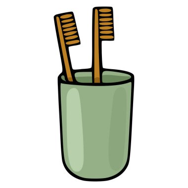 İki sürdürülebilir bambu diş fırçasını içeren el çizimi bir vektör çizimi. Kahverengi tüylü, sessiz yeşil seramik bardak ya da banyo hijyeni için cam..