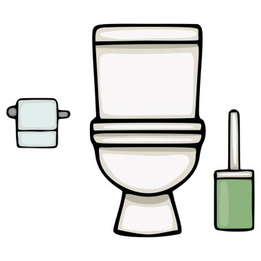 Tuvalet, tuvalet kâğıdı tutacağı ve tuvalet fırçasının beyaz arka planda, hijyen ve banyo gerekliliklerini sembolize eden temiz ve modern bir tasviri..