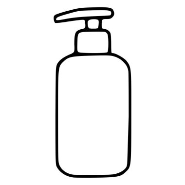 Pompalı basit bir sıvı sabun dağıtıcısının el çizimi vektör çizimi, beyaz arka planda temiz, minimalist bir özet içeriyor..