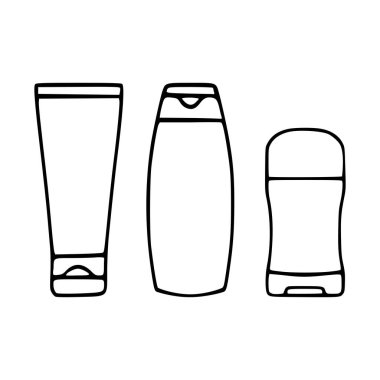 Üç temel kişisel bakım kabının minimalist vektör çizimi: bir tüp, bir şampuan şişesi ve temiz, doğrusal bir şekilde sunulan bir deodorant çubuğu..
