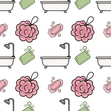 Banyo küvetleri, sabunlar ve yumuşacık banyo pufları da dahil olmak üzere etkileyici banyo gereksinimleri koleksiyonunu içeren kusursuz bir vektör deseni var. Yumuşak pastel renkte, eğlenceli ve karikatüre benzeyen bir tarzda yapılmış....