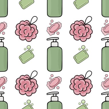 Pastel yeşil sabun spreyleri, pembe lif lifleri ve şakacı sabun köpükleri içeren açık yeşil sabunlar içeren büyüleyici ve pürüzsüz bir vektör deseni..