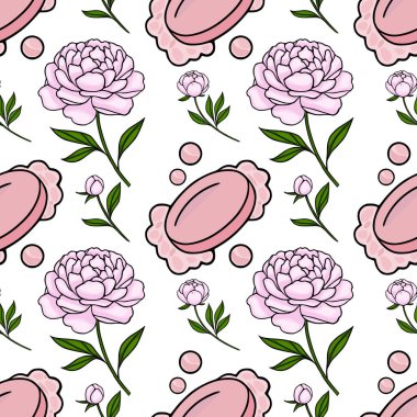 Beyaz arka planda dağınık incileri olan pembe şakayık ve sabun kalıplarının hassas vektör deseni.