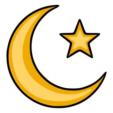 Altın hilal ve yıldızın stilize edilmiş vektör çizimi, İslam bayramlarını ve göksel temaları sembolize ediyor..