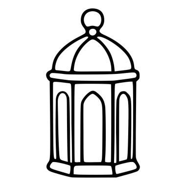 Kubbeli çatısı ve kemerli panelleri olan geleneksel bir İslami fenerin şekillendirilmiş siyah çizgi vektör çizimi.