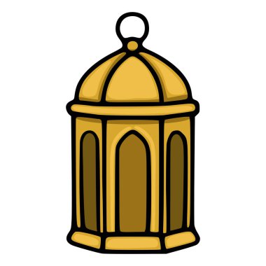 Beyaz bir arka planda izole edilmiş kemerli bir siluet ve asılı bir döngü içeren geleneksel bir İslami fenerin stilize edilmiş bir temsili temsili..