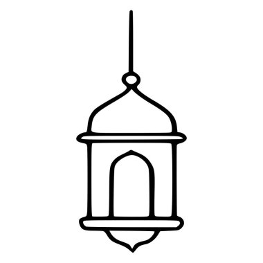 Geleneksel bir İslami fenerin basit bir siyah çizgisi, ince bir çizgiyle asılmış, dekoratif kemerli bir açıklık ve beyaz arka planda izole edilmiş sivri uçlu bir taban içeriyor..