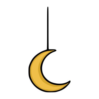 Saf beyaz bir zemin üzerinde ince siyah bir çizgiyle asılı duran altın hilal şeklindeki bir ayın minimalist vektör çizimi ilahi temalar ve basitlik çağrıştırıyor..