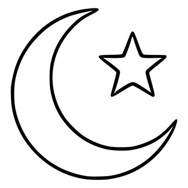 Gök cisimleri ve dini ikonografiyi sembolize eden hilal ve beş köşeli bir yıldızın minimalist vektör çizimi.