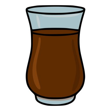 Koyu kahverengi sıvı, muhtemelen çay ya da çay ile dolu, açık mavi kenarlı ve beyaz arka planı olan bir bardağın basit, düz bir çizimi..