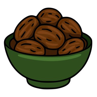 Dolgun, kahverengi tarihlerle dolu yeşil bir kasenin stilize edilmiş vektör çizimi bu popüler meyvenin basit ama cezbedici bir tasvirini sunuyor..