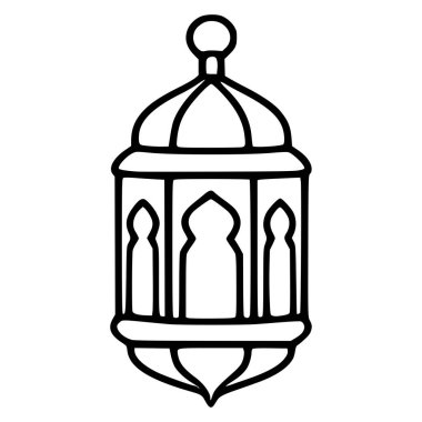Geleneksel bir İslami fenerin minimalist siyah çizgi çizgisi çizimi. Yuvarlak bir üst ve karmaşık kemerli panelleri var. Tatil veya kültürel temalar için uygun..