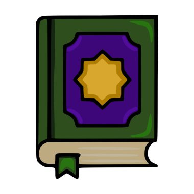 Yeşil kapaklı kapalı bir kitabın biçimlendirilmiş vektör çizimi, sekiz köşeli altın yıldız ambleminin yer aldığı mor bir girit ve beyaz arkaplan üzerinde sunulan bej bir yer imi..