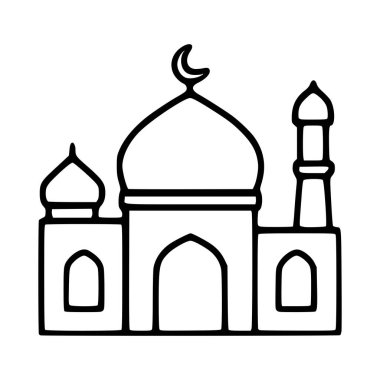 Merkezi bir kubbe ve yan minareler içeren hilal aylı bir caminin minimalist siyah ve beyaz vektör çizimi, dini veya kültür için mükemmel, ikonik bir tarzda yapılmış....