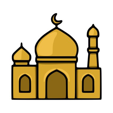 Hilal ay ve minarelerle biçimlendirilmiş altın cami, İslam bayramları ve kültürel temalar için büyüleyici bir vektör illüstrasyonudur..