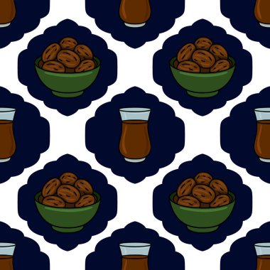 Yeşil bir kase ve koyu mavi bir İslami kemer motifine karşı kurulmuş bir bardak koyu çay eşliğinde geleneksel bir Ramazan yemeği içeren kusursuz bir vektör deseni..