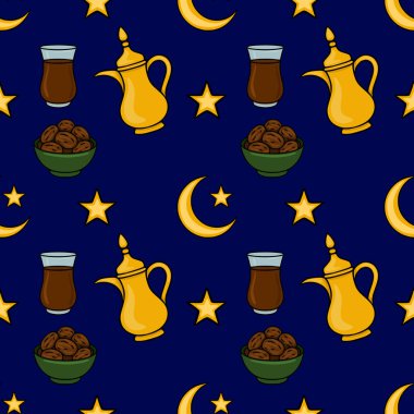 Geleneksel Ortadoğu çay demliklerinin, ay ve yıldızlar gibi göksel elementlerin olduğu kusursuz bir vektör deseni, şenlikli bir Ramazan Bayramı 'nı veya bayram ATM' sini çağrıştırıyor....