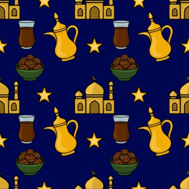 Camiler, tarih kaseleri, çaydanlıklar ve koyu mavi arka plandaki yıldızlar gibi geleneksel İslami unsurları içeren kusursuz bir vektör deseni var..