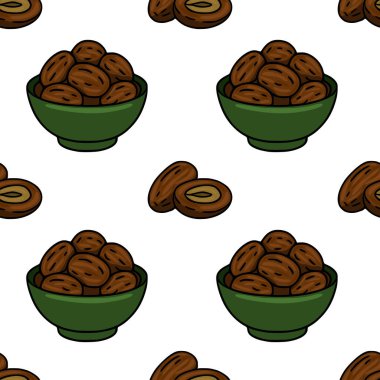 Kurumuş hurmalarla dolup taşan büyüleyici bir vektör deseni ve temiz beyaz arka planda yarım kalmış hurmalar, bolluk ve doğal tatlılığı çağrıştırıyor..