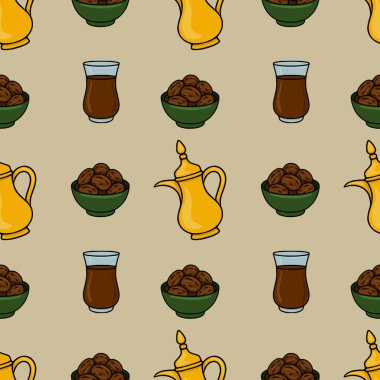 Geleneksel Arap çay demlikleri, kase kase hurmalar ve kültürel altyapılar için mükemmel koyu sıvı bardaklar içeren kusursuz bir vektör deseni..