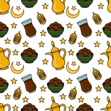 Tarihler, çay fincanları, hilal ayları, yıldızlar ve fenerler de dahil olmak üzere Ramazan ikonlarının kusursuz vektör deseni.