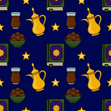 Geleneksel Ramazan elementlerini içeren kusursuz vektör deseni: tarihler, çay, Kur 'an ve koyu mavi arka plandaki yıldızlar.