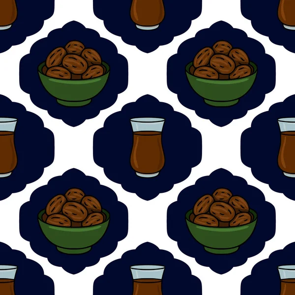 Yeşil bir kase ve koyu mavi bir İslami kemer motifine karşı kurulmuş bir bardak koyu çay eşliğinde geleneksel bir Ramazan yemeği içeren kusursuz bir vektör deseni..