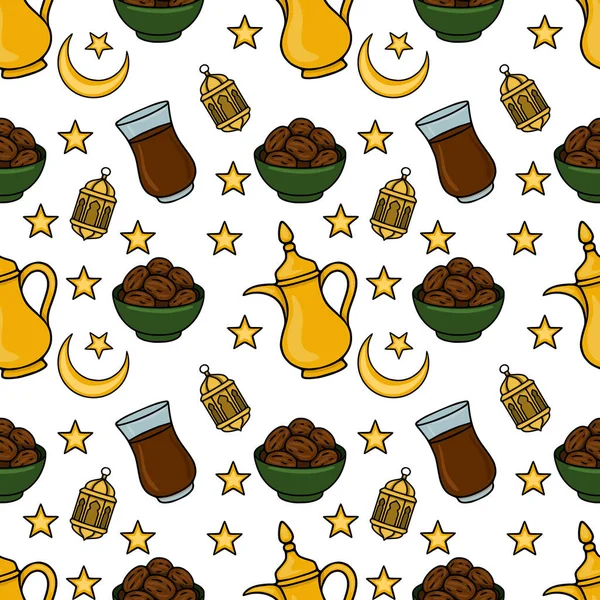 Tarihler, çay fincanları, hilal ayları, yıldızlar ve fenerler de dahil olmak üzere Ramazan ikonlarının kusursuz vektör deseni.