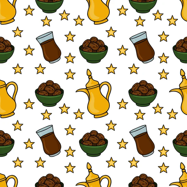 Geleneksel Arap çay demlikleri, kase dolusu hurma ve altın yıldızların kusursuz vektör deseni, festival ve kültür ortamını çağrıştırıyor..