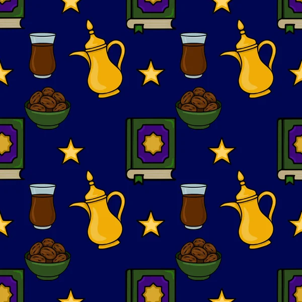 Geleneksel Ramazan elementlerini içeren kusursuz vektör deseni: tarihler, çay, Kur 'an ve koyu mavi arka plandaki yıldızlar.