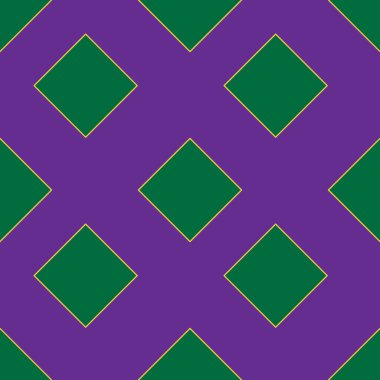 Pırıl pırıl yeşil elmaslar içeren kusursuz bir vektör deseni. Canlı mor bir arkaplan üzerinde altın çizilmiş. Geometrik ve şenlikli bir görsel yaratıyor..