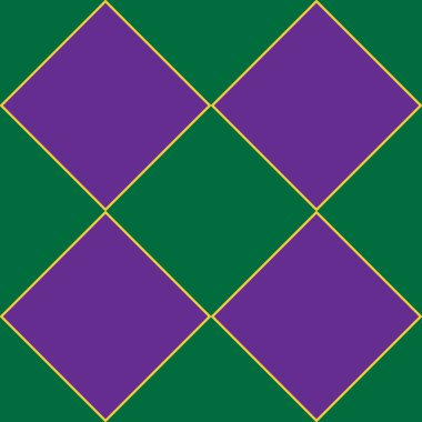 Koyu yeşil arka planda sarı kenarlı mor elmasların kusursuz vektör deseni Mardi Gras veya kraliyet estetiğini çağrıştırıyor..