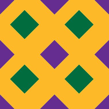 Alternatif mor ve yeşil elmas aksanlı birbirine kenetlenmiş altın geometrik şekiller içeren kusursuz vektör deseni Mardi Gras temasını çağrıştırıyor..