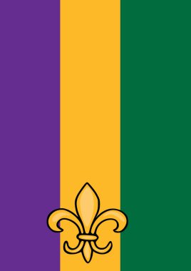Mardi Gras vektör arkaplanı, belirgin bir altın fleur-de-lis amblemi ile dikey turuncu şeritli, koyu mor ve zümrüt yeşil panellerle çevrili, bir şenlik ve cele çağrıştıran...