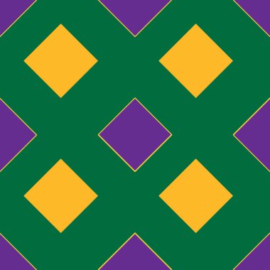 Koyu yeşil arka planda mor ve altın elmaslardan oluşan geometrik bir düzenleme içeren kusursuz vektör deseni Mardi Gras 'yı ve şenlikli kutlamaları çağrıştırıyor..