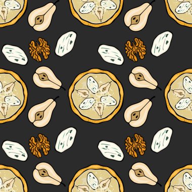 Koyu bir arka planda gurme pizzanın, armut dilimlerinin, ceviz ve peynir elementlerinin tuhaf vektör kalıpları