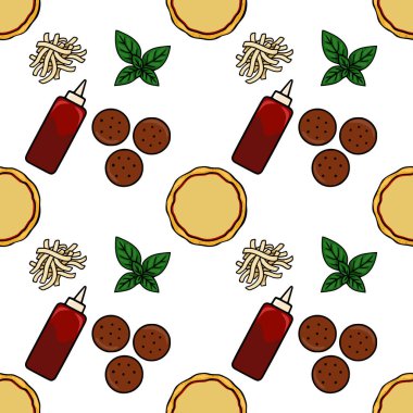 Kusursuz pizza hamuru, fesleğen, patates kızartması, sos şişesi ve köfte kalıbı.