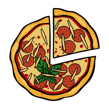 İçinde pepperoni, erimiş peynir ve taze fesleğen bulunan dilimlenmiş bir pizzanın oyuncu temsili.